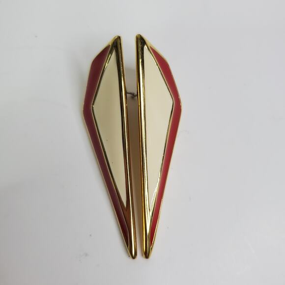 Vintage Monet Signed Long Cream/Red Enamel Gold Trim Triangle Earrings Post - Picture 3 of 8